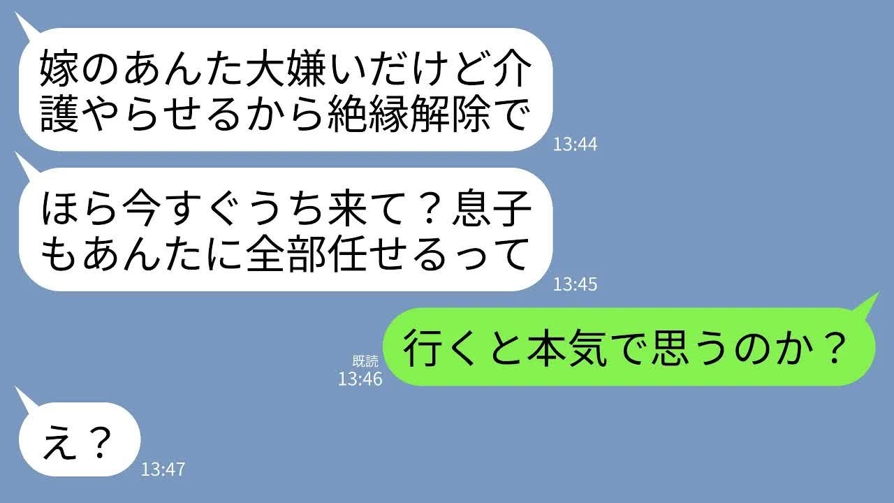 【LINE】嫁の私を一方的に嫌い絶縁した義母。3年後、車椅子生活になると夫「母さんの介護頼むなw」義母「過去は水に流してあげるw」→丁重にお断りしてあらためて全員と絶縁した結果www