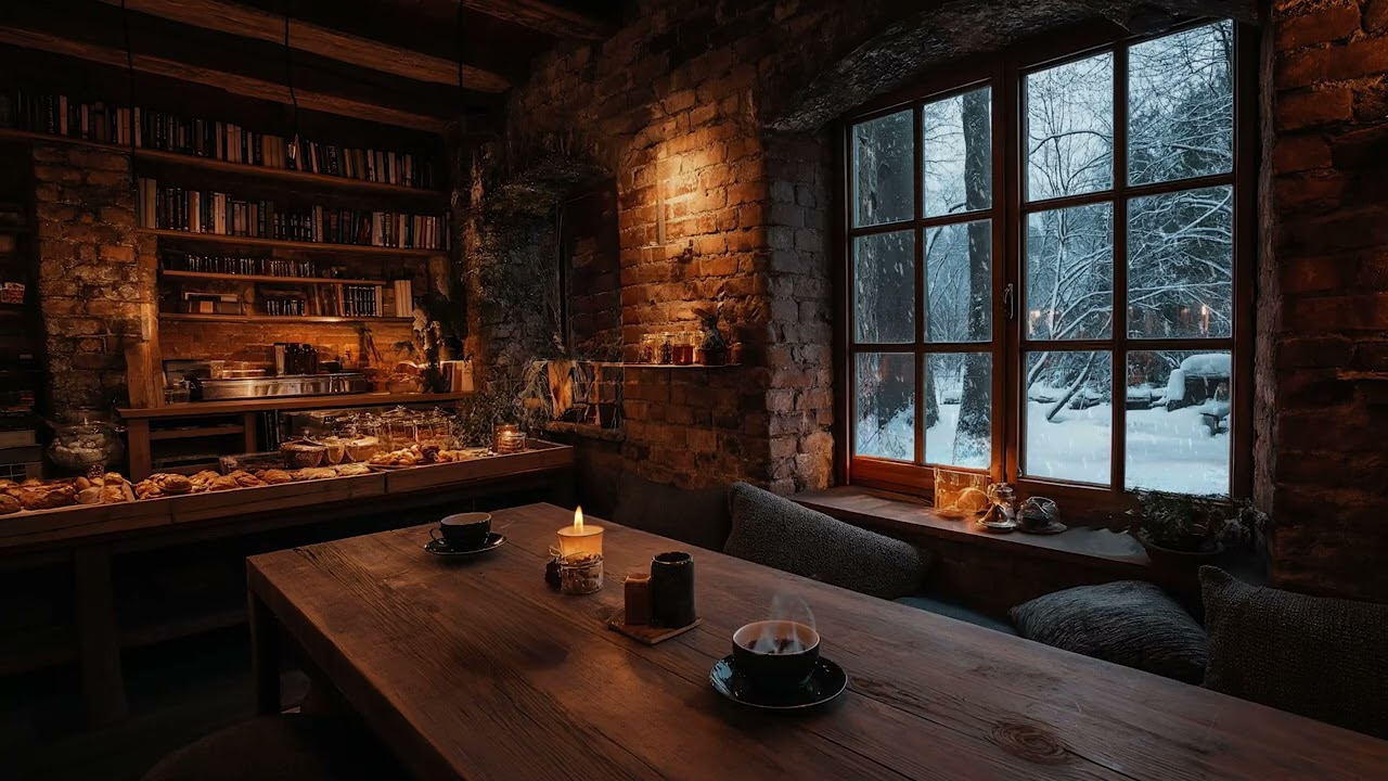 Winter Coffee Shop with Snow Falling Gently Outside and Piano Music for a Peaceful Night