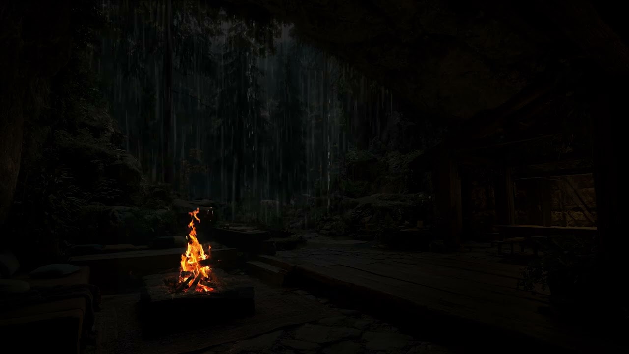 Heavy Rain Midnight Forest Escape for Deep Sleep and Relaxation | Cozy Fireplace Ambient Sounds