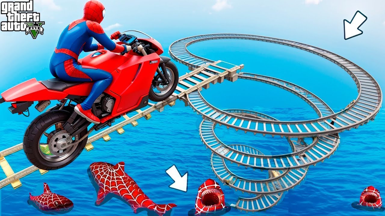 الأبطال الخارقين على القضبان دوامة قمع جسر 🏍️🐱‍SPIDER MAN!on Motorcycle in Spiral Bridge Stunt Ri