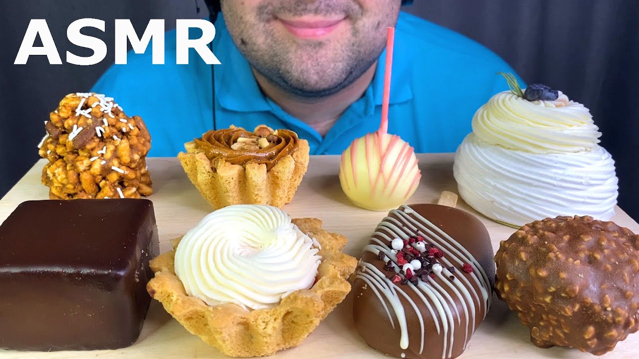 АСМР Вкуснейшие пирожные с шоколадом, кремом безе и карамелью Мукбанг