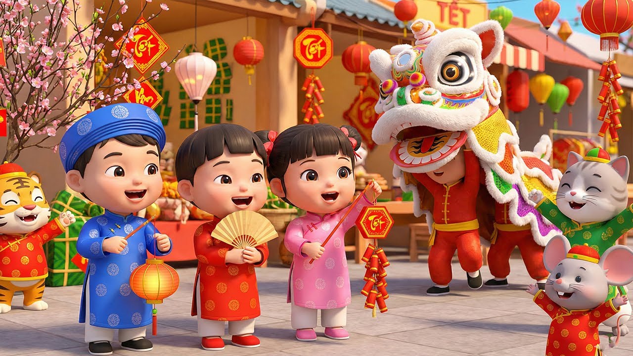 Chúc Xuân 12 Con Giáp - Bé Đón Tết Vui Vẻ Cả Ngày - Nhạc Xuân Thiếu Nhi 4K Múa Lân Sôi Động Cho Bé