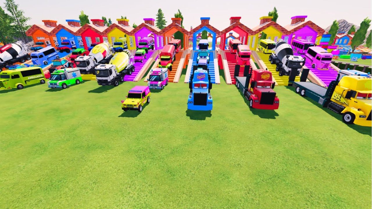 TRANSPORTING POLICE CARS, AMBULAN, FIRE TRUCK OF COLORS! WITH TRUCKS! - FS 22