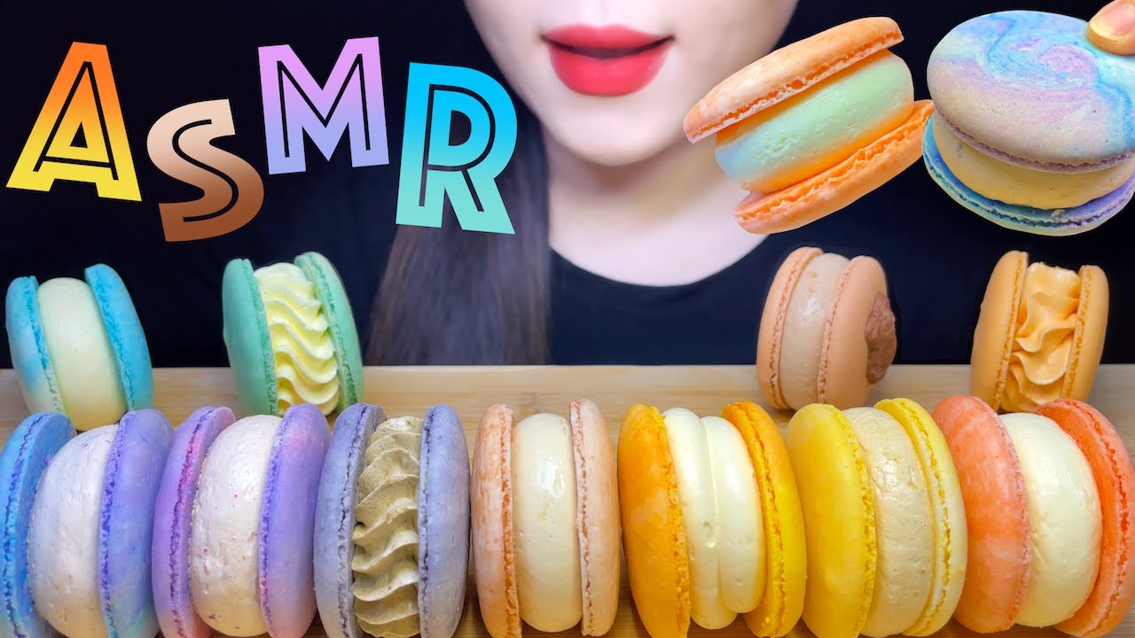 ASMR COLORFUL PASTEL MACARON PARTY*RAINBOW FATCARON EATING SOUNDS MUKBANG, 알록달록 마카롱 파티*무지개 뚱카롱 먹방🌈🎉