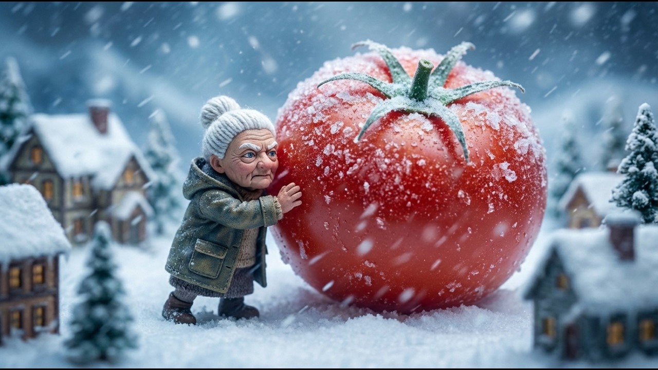 Grandma Miniature Doll Rescues Massive Frozen Tomato from Storm ASMR | Winter Village Story