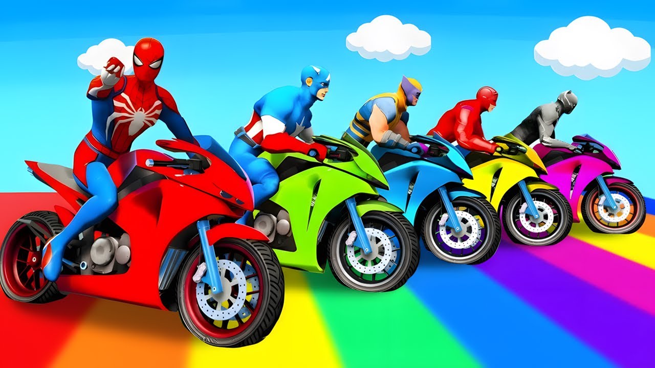 Человек-паук спасает Бэтмена - Superheroes Ride Motorcycle on Parkour Ramp Funny Games GTA 5 Stunt?