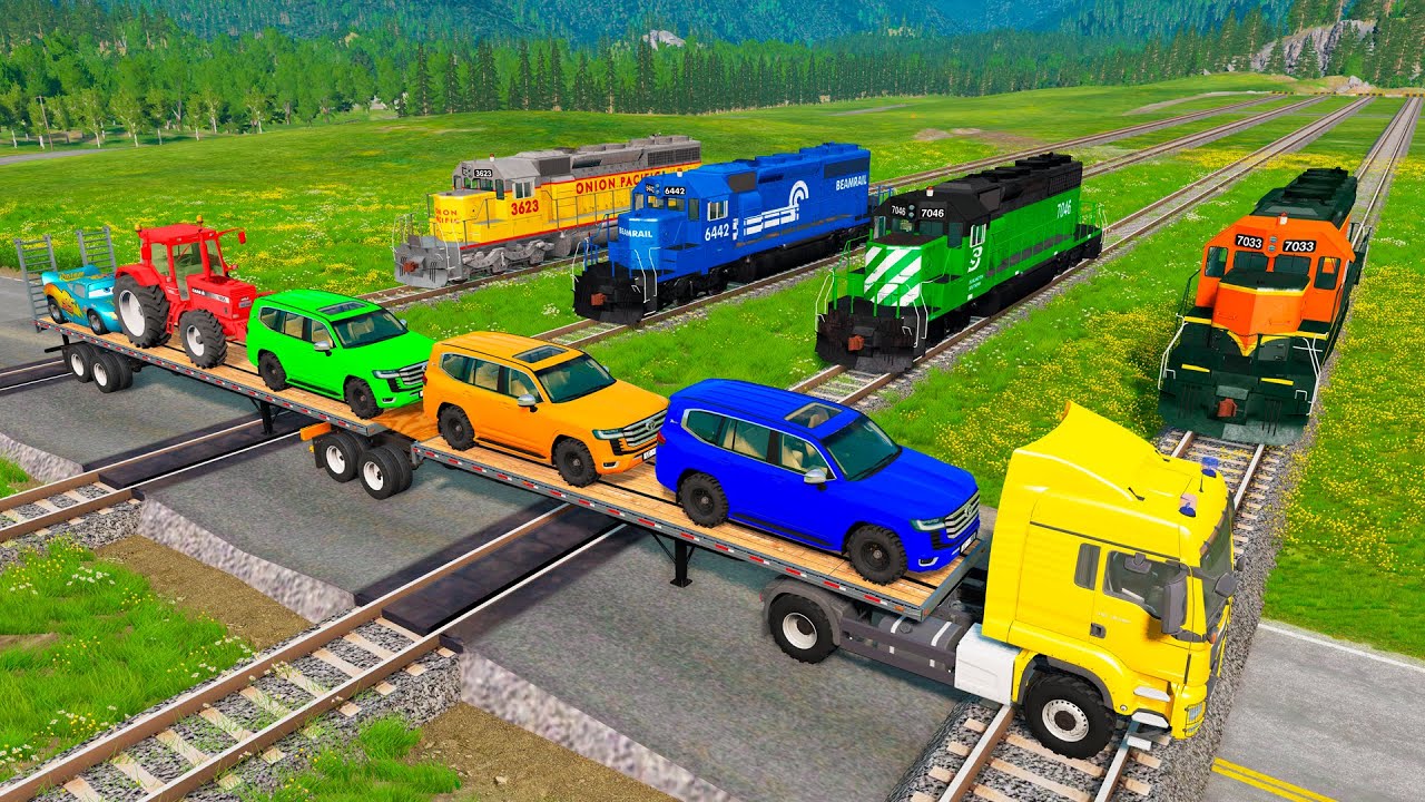 Flatbed Trailer McQueen Transportation with Truck - Speedbumps vs Cars vs Train - BeamNG.Drive #133
