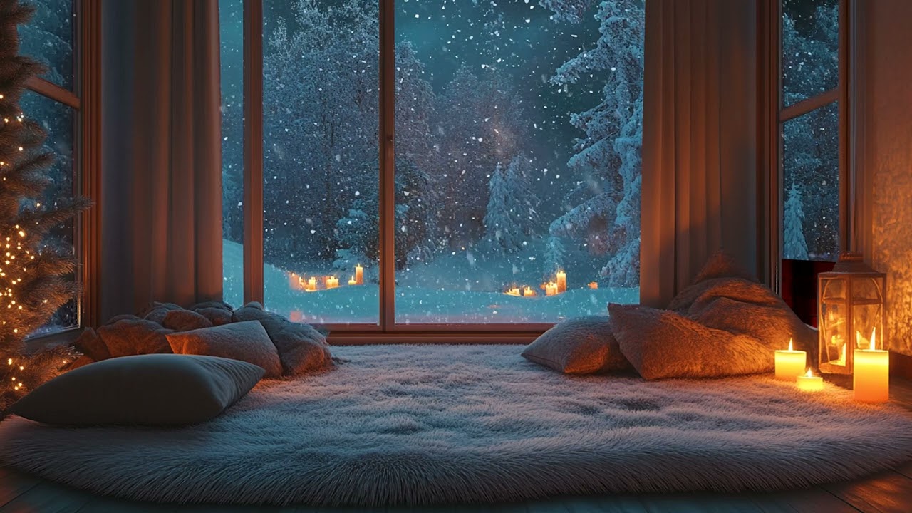 Snowy Night Jazz Vibes | Cozy Winter Window Scene with Candles & Peaceful Ambiance