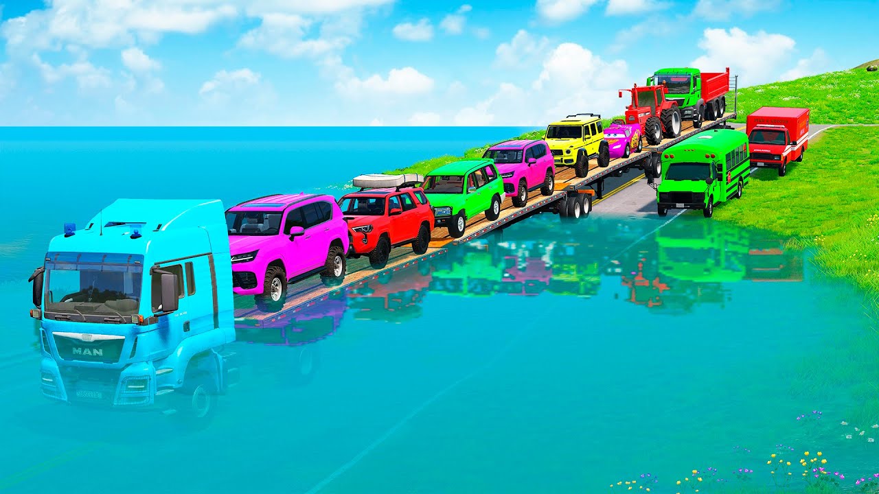 TRANSPORTING PIXAR CARS & FRUITS WITH COLORED & JOHN DEERE vs CLAAS vs TRACTORS - BeamNG.drive 