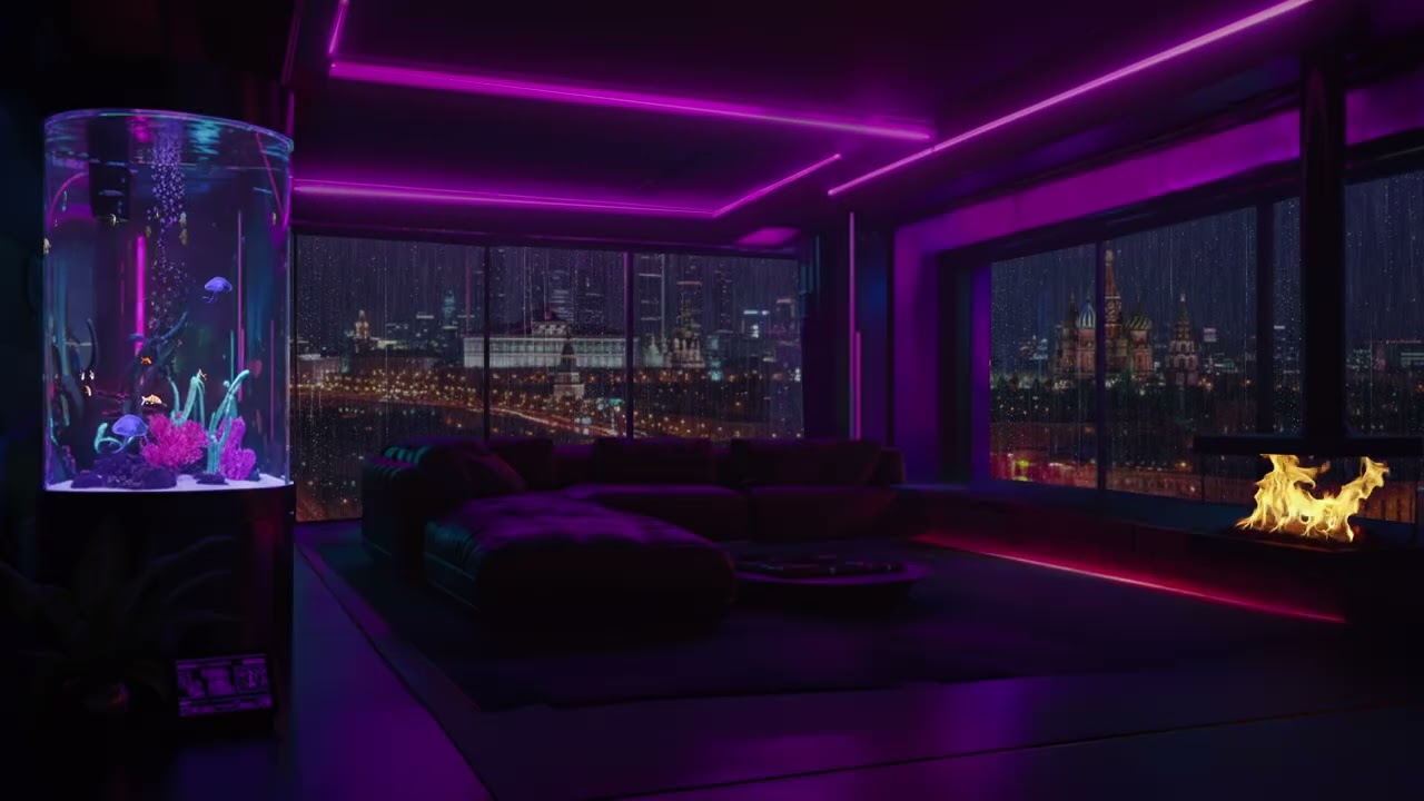 Falling Asleep in a NYC Luxury Apartment During a Rainy Night🌧️City Ambience with Fireplace to Sleep