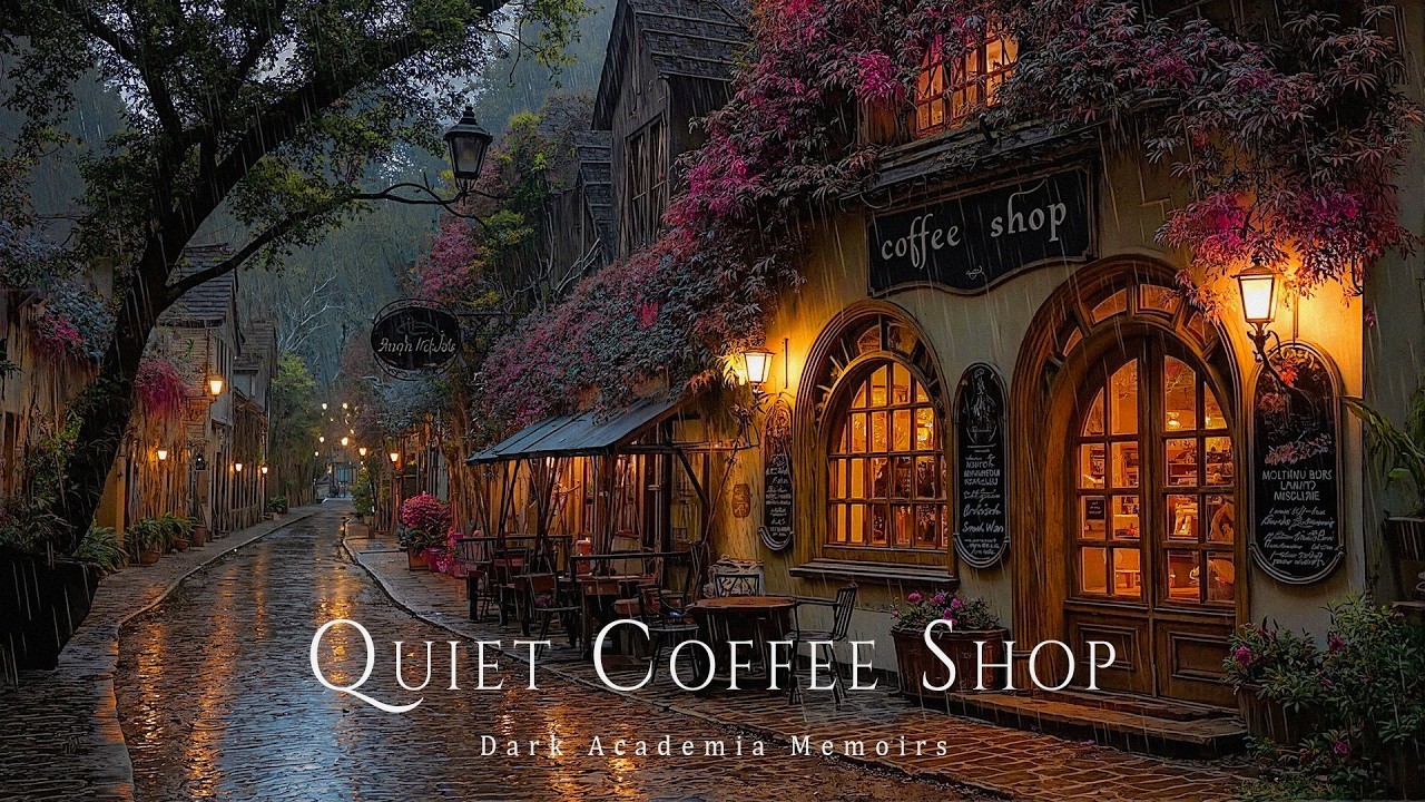 Soft Rain on the Cobblestones Outside a Spring Coffee Shop | Dark Academia Piano for Study Nights