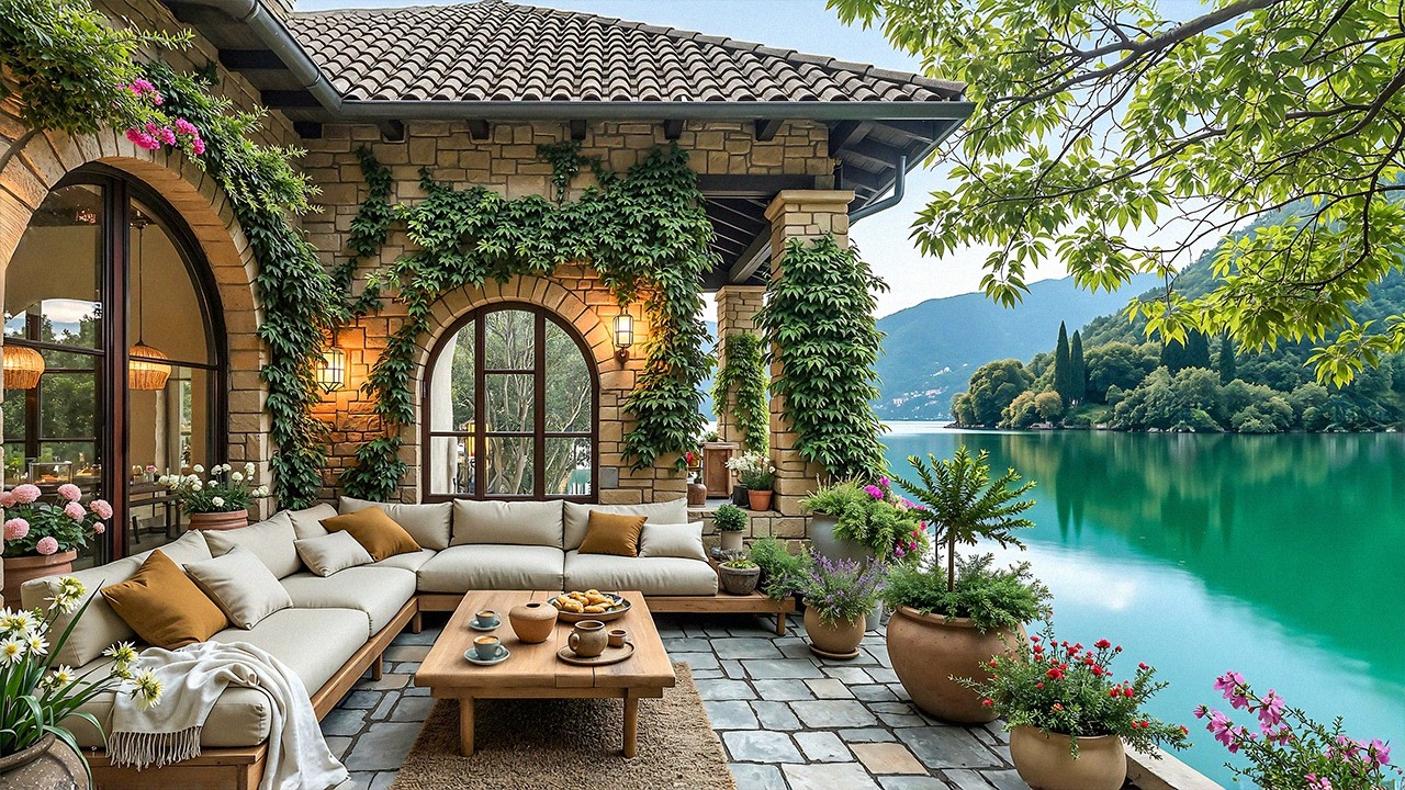 Gentle Jazz at a Cozy Lakeside Stone House | Smooth Jazz with Water Views For Chill
