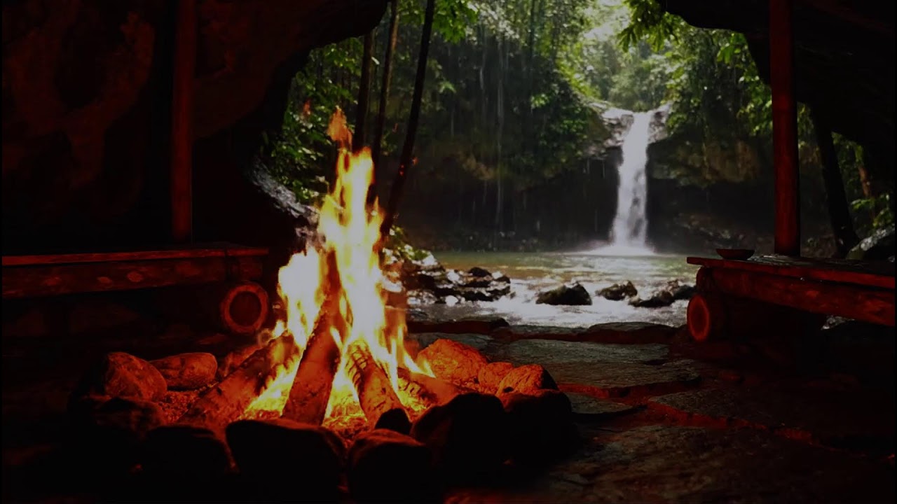 Soft Fireplace &  Waterfall Sounds with Soft Birds | Cozy Hearth ASMR | Relaxing Focus