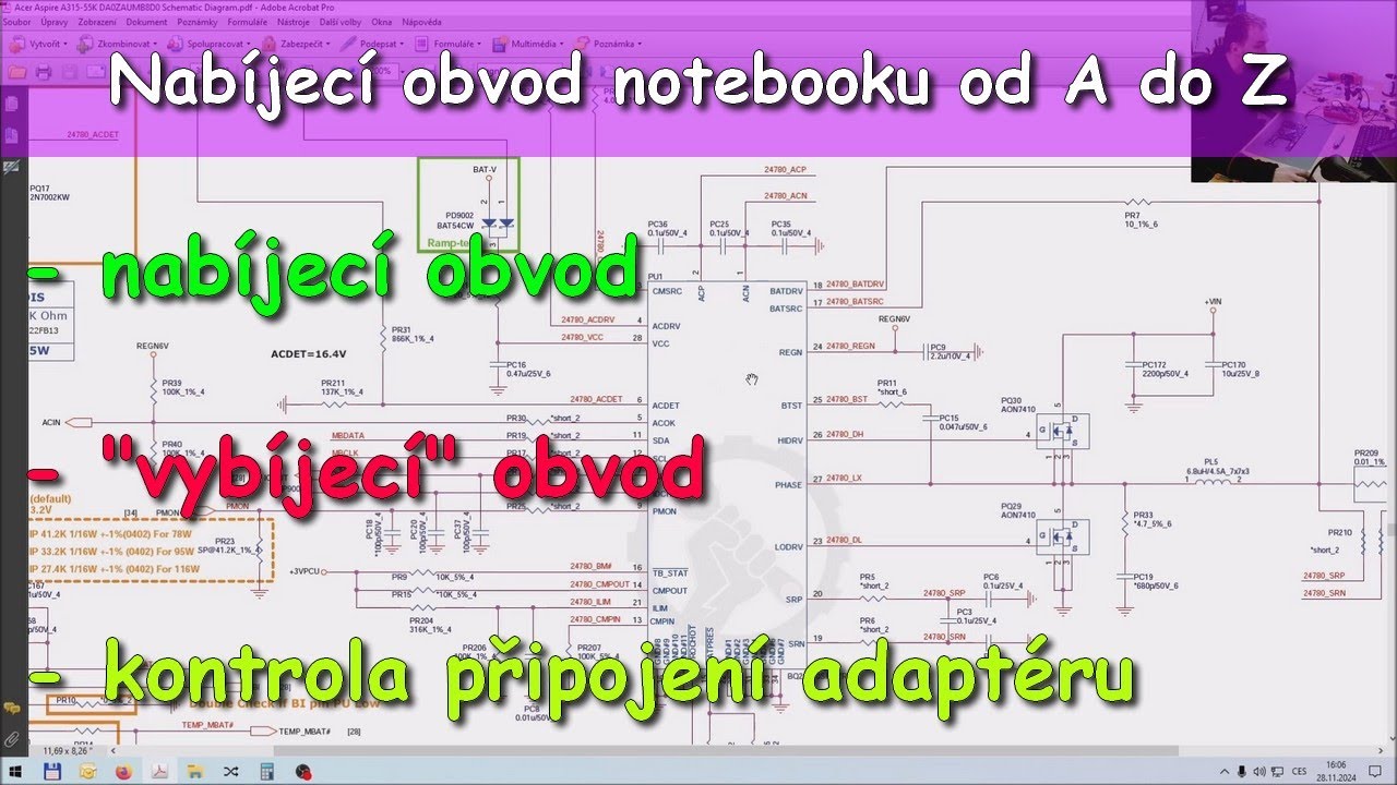 Obvod nabíjení baterie notebooku, schéma, vysvětlení obvodu a kontroly připojení adaptéru