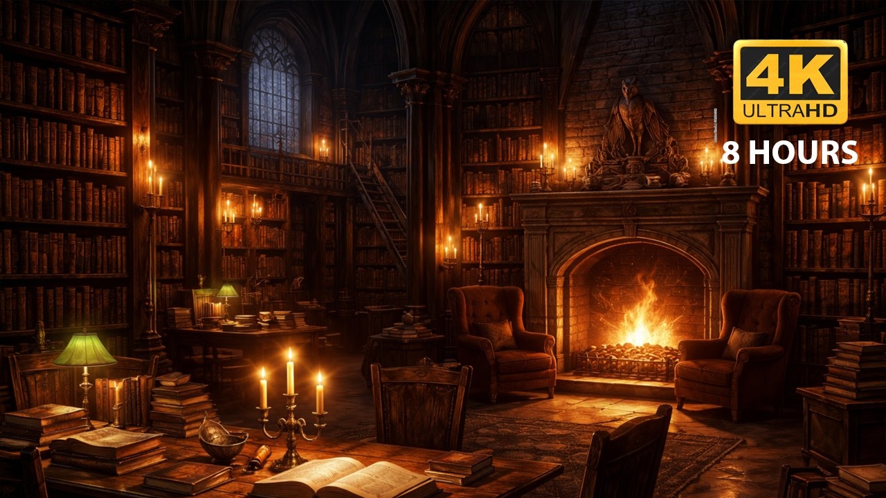 Harry Potter Hogwarts Library Fireplace 🔥 Wizard Study Ambience | Cozy Magical Library 4K (8 Hours)