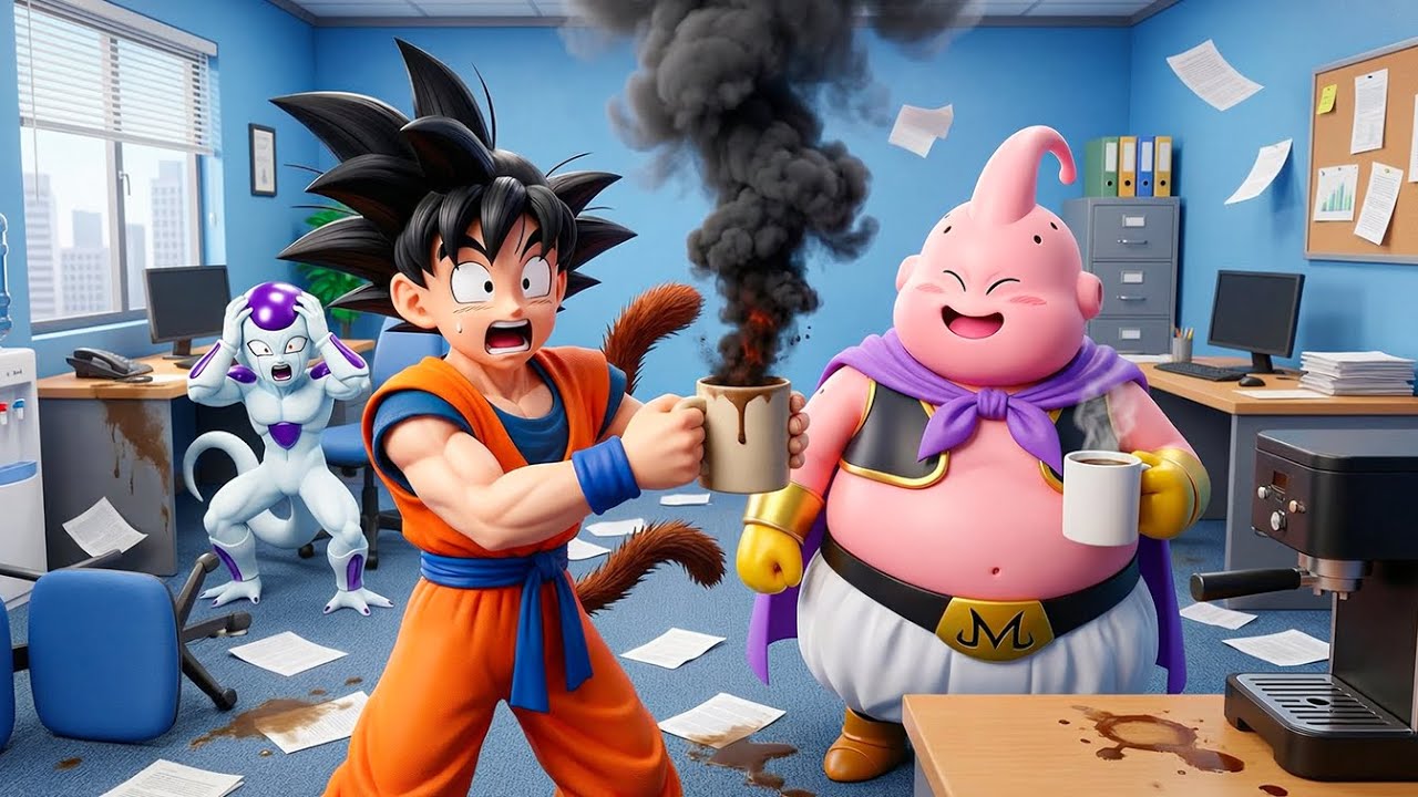 Goku And Majin Buu Compete To Brew Coffee For Their Boss Frieza, Causing The Office To Be Wrecked
