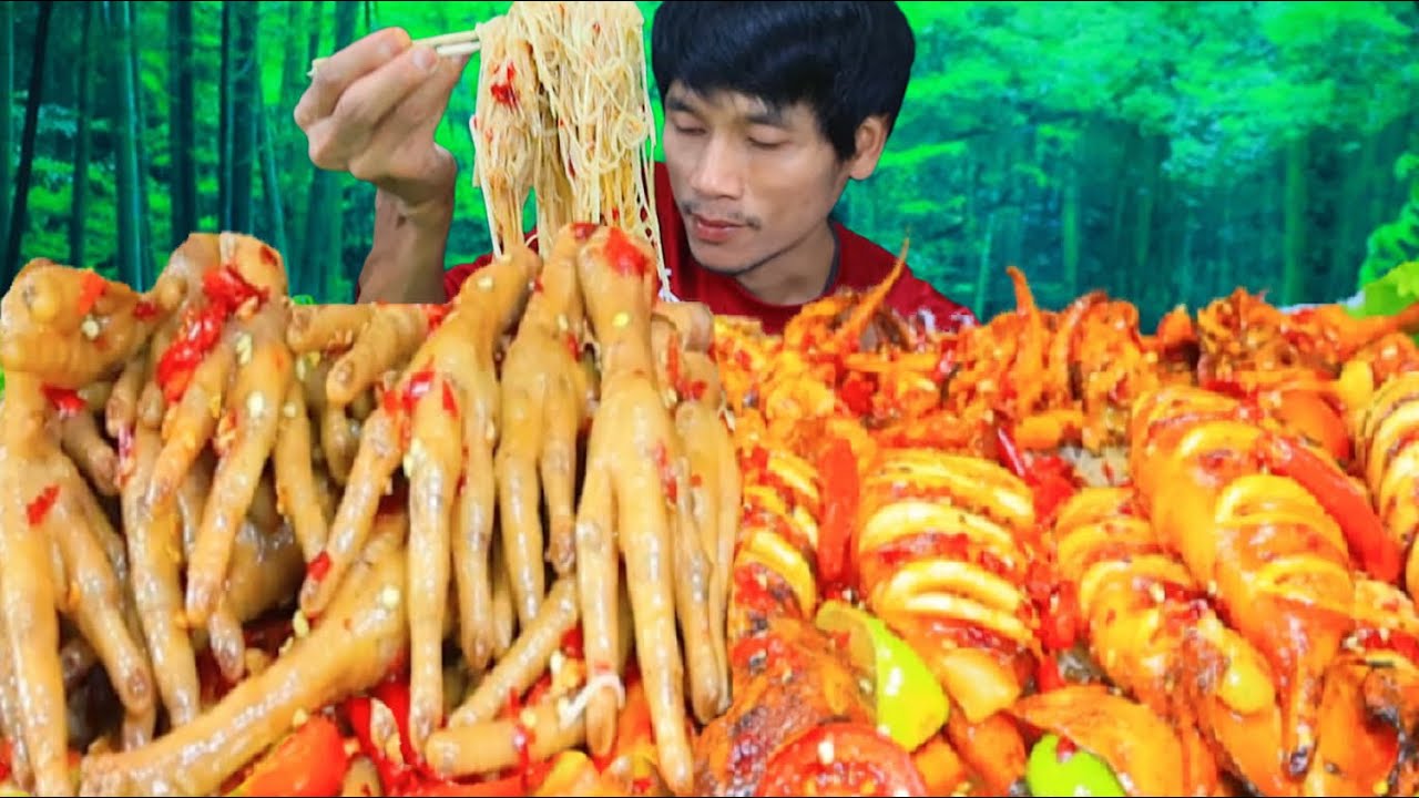 ตำซั่วขนมจีนตีนไก่หมึกไข่แกล้มผักสดแซ่บคักอีหลีครับพี่น้องMUKBANG EATING SHOW#โก้อีสานพาแดก