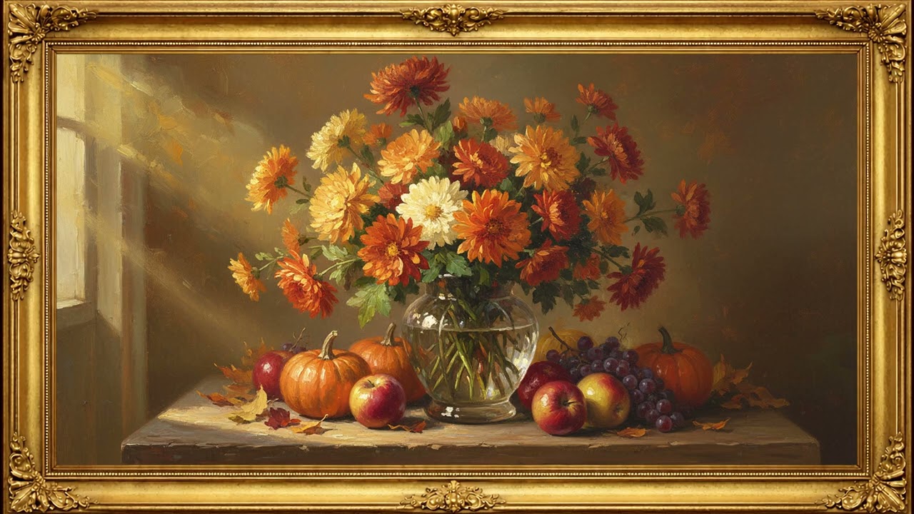 Vintage Oil Painting 🍂 | Golden Autumn Still Life Art | 4K Framed TV Art Screensaver with Music