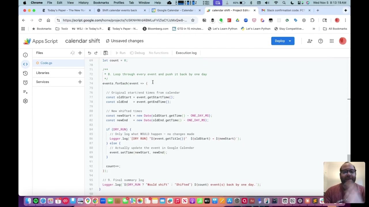 Code Snippet: Move Google Calendar Events back 1 Day - App Script Demo