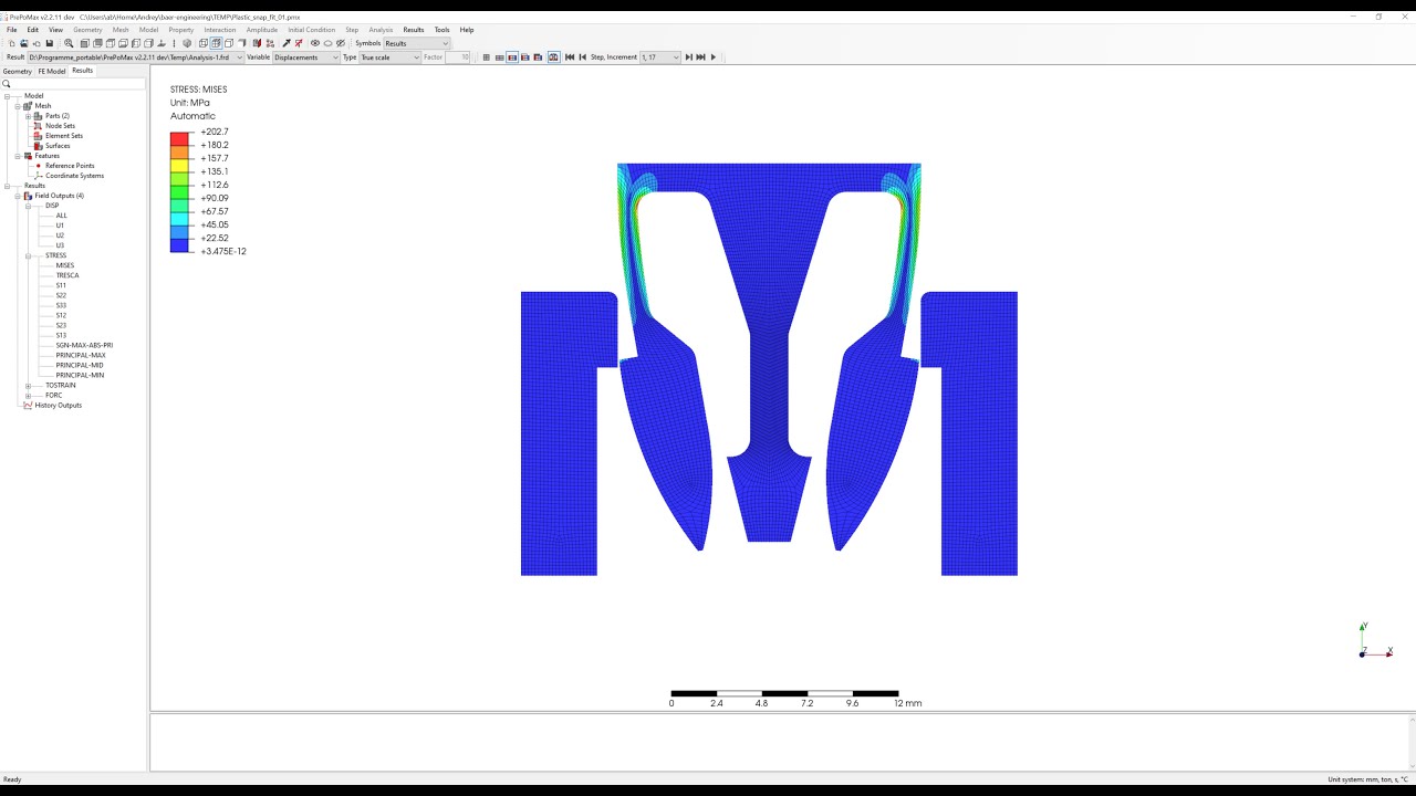 Structural Simulation | Plane stress analyse (2D) - Plastic snap fit | PrePoMax