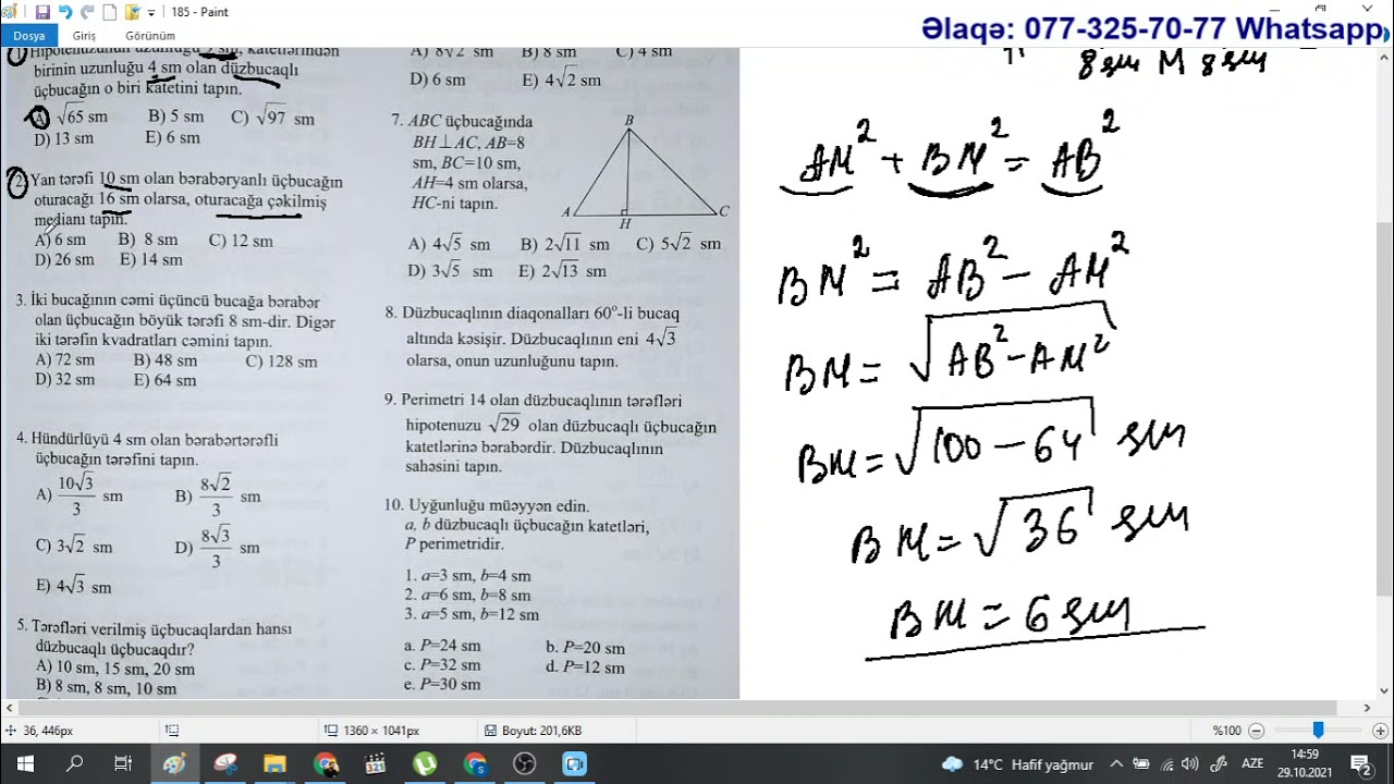 DİM 8 ci sinif.  Səhifə 185.  Pifaqor teoremi.  A variantı