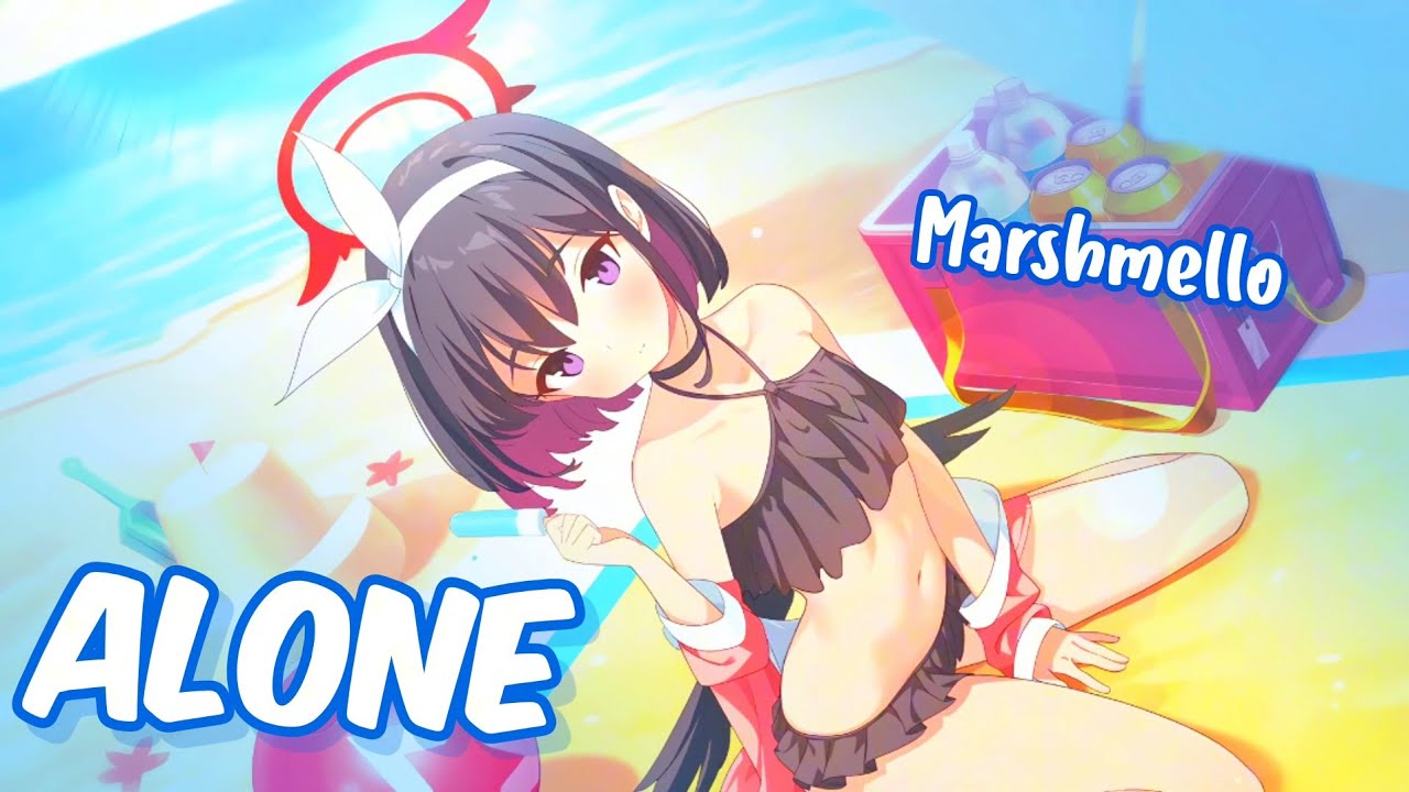 Alone - Marshmello [ Lyrics // Speed Up ] Mashiro (Swimsuit) - Blue Archive L2D