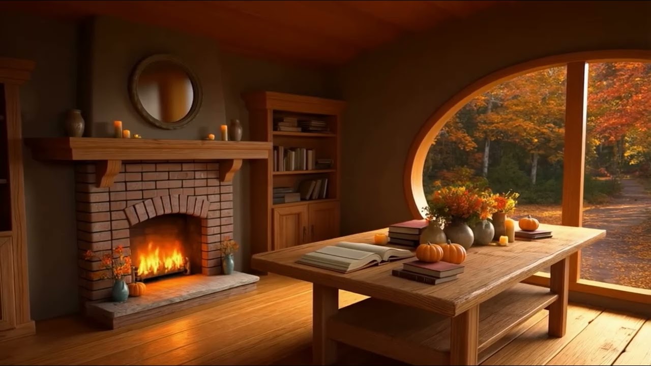 Cozy Autumn Cabin Fireplace 🍁 Warm Reading Room Ambience