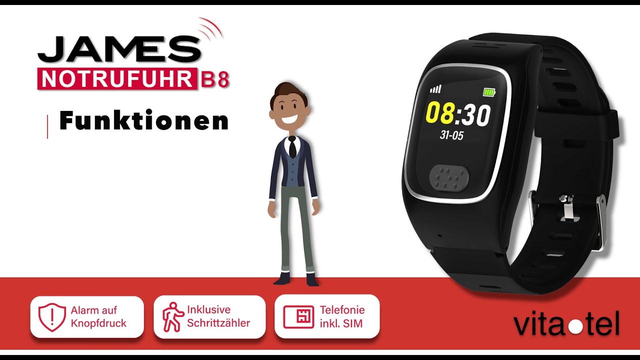 Vitatel James B8 . Funktionen der Uhr. Testsieger im Kassensturz Dezember 2023 James B7.