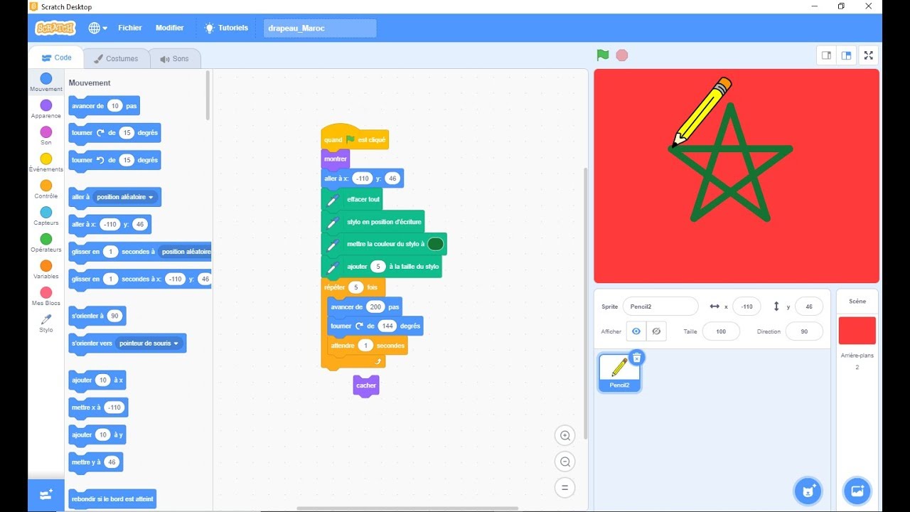 Tuto#3 : Comment dessiner le drapeau du Maroc avec Scratch 3