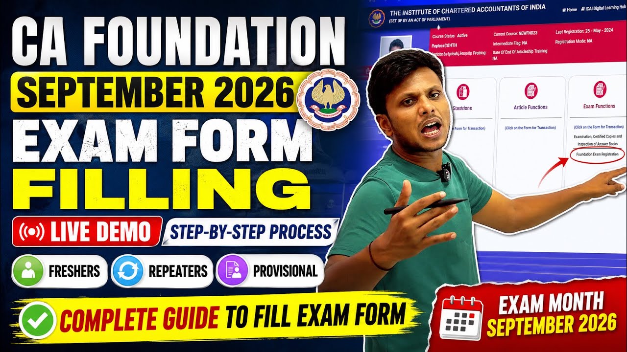 CA Foundation September 2026 Exam Form Filling | Live Step-by-Step Process | Freshers, Repeaters