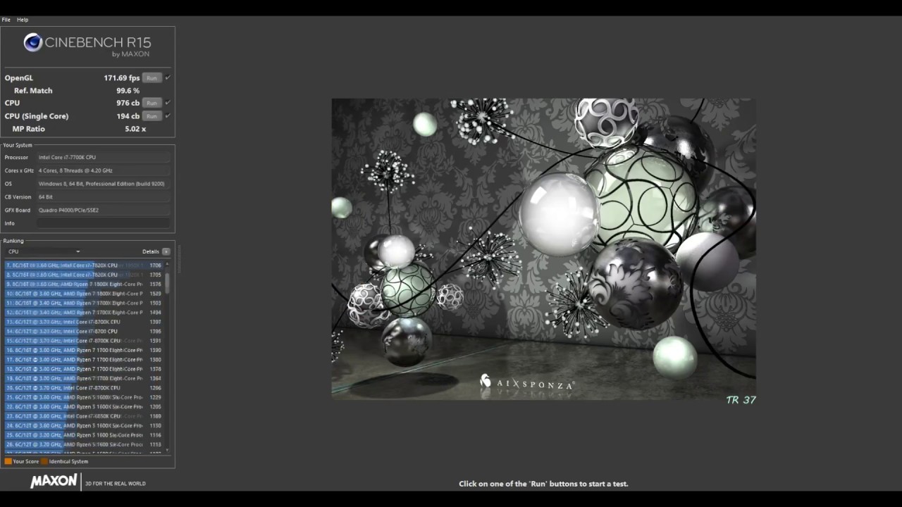 Intel Core i7 7700K & PNY Nvidia Quadro P4000 Cinebench R15 test