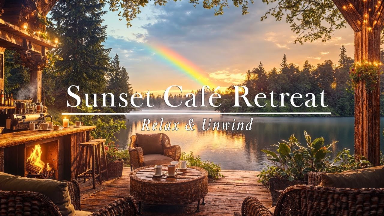 Cozy Lakeside Café Ambience with Fireplace & Gentle Guitar Music | Sunset Nature Sounds 🌲🔥