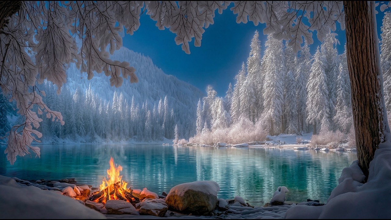 Winter Lakeside Campfire & Nature Sounds That Instantly Calms You