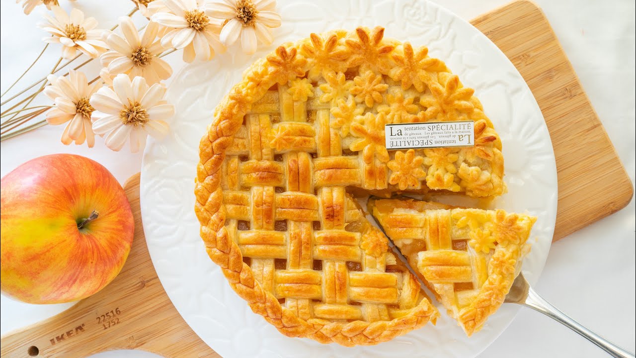 カスタードアップルパイの作り方【冷凍パイシートで簡単】How to make Custard cream apple pie  【ASMR】 *パイアート *料理音