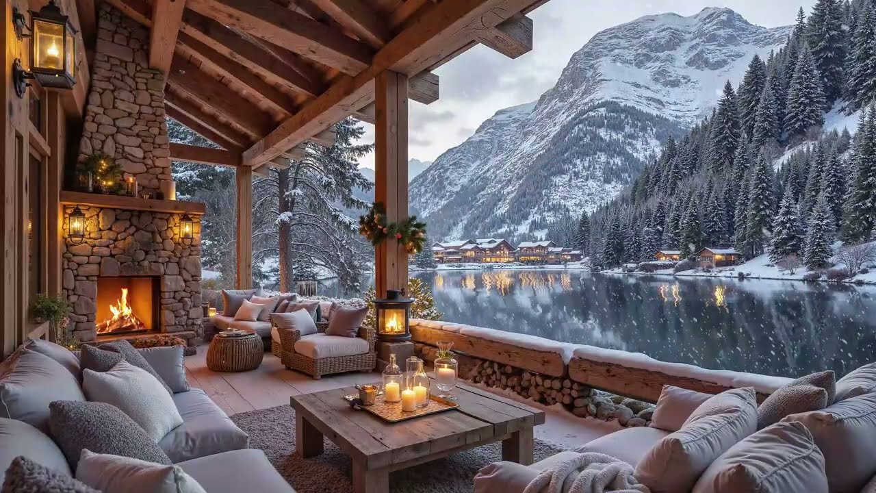 Snowfall at a Cozy Cabin By The Lake❄️ Gentle Piano, Snowfall & Cozy Fireplace for Calm & Focus