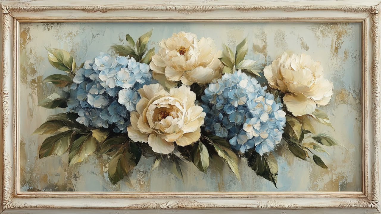 Gold Vintage Frame Wallpaper Art | Pink White Watercolor Flowers Peonies, TV Display Screensaver HD