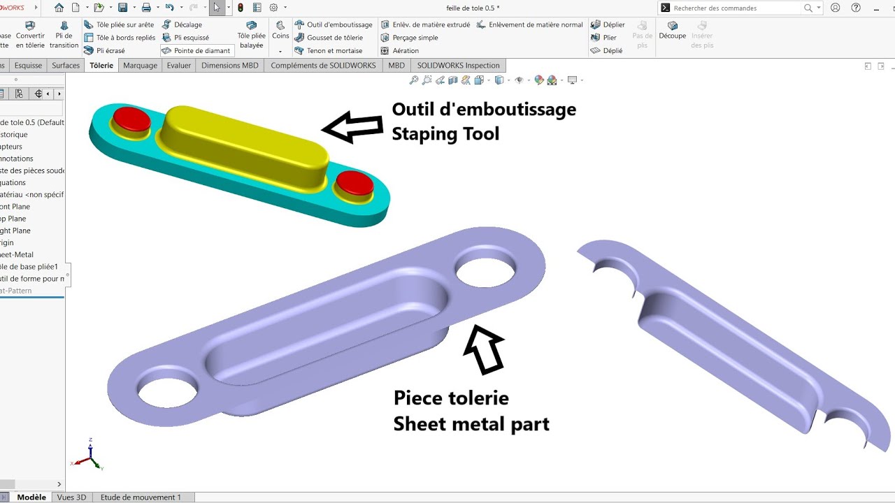 Solidworks tutorial Sheet metal and forming tool, solidworks outil d'emboutissage