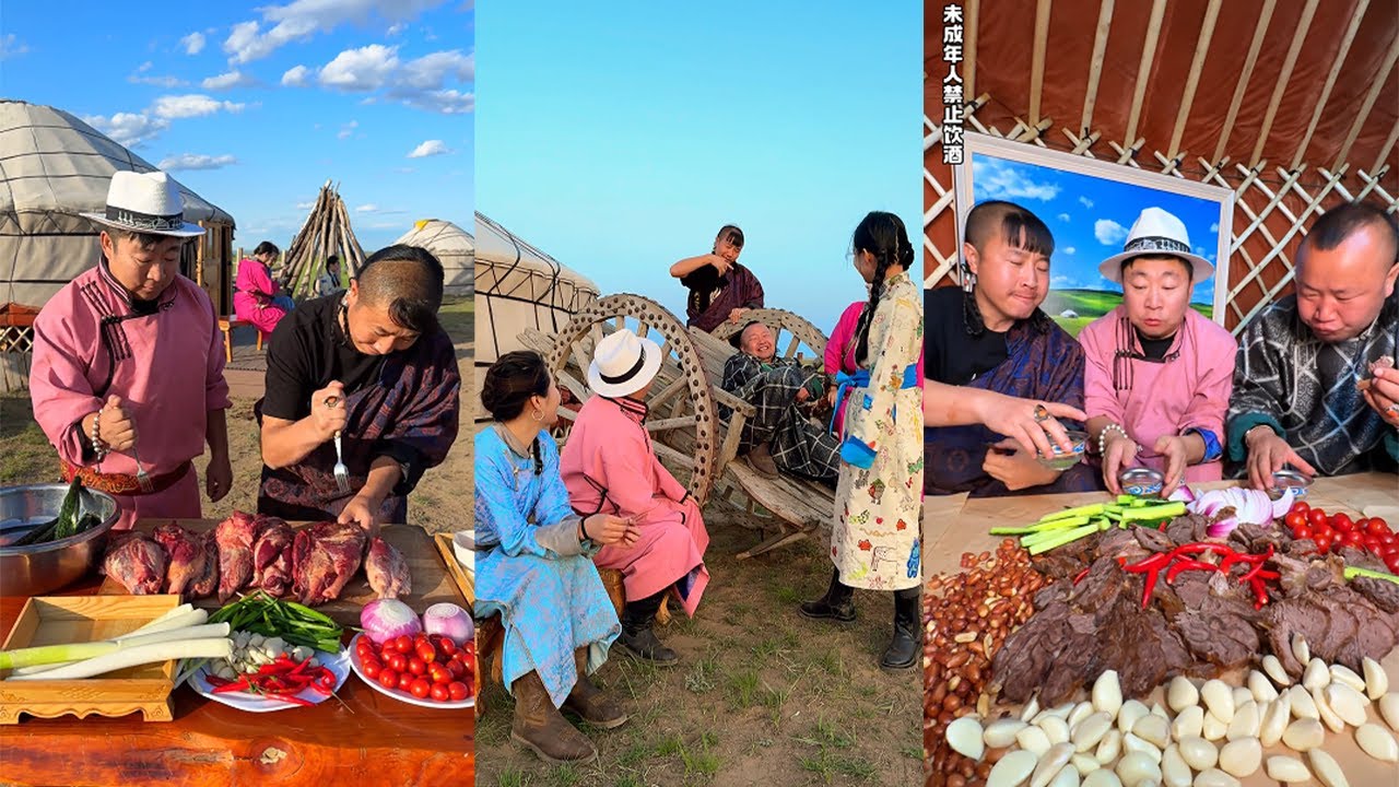 Friends gathered together, eating meat heartily and drinking in the courtyard.#food#delicious