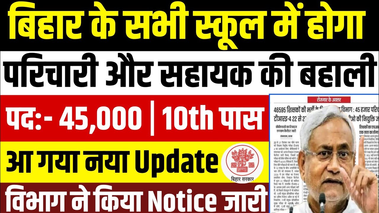 Bihar School Parichari Sahayak Vacancy 2026 | बिहार विद्यालय सहायक & parichari 45000 बंफर भर्ती 2026