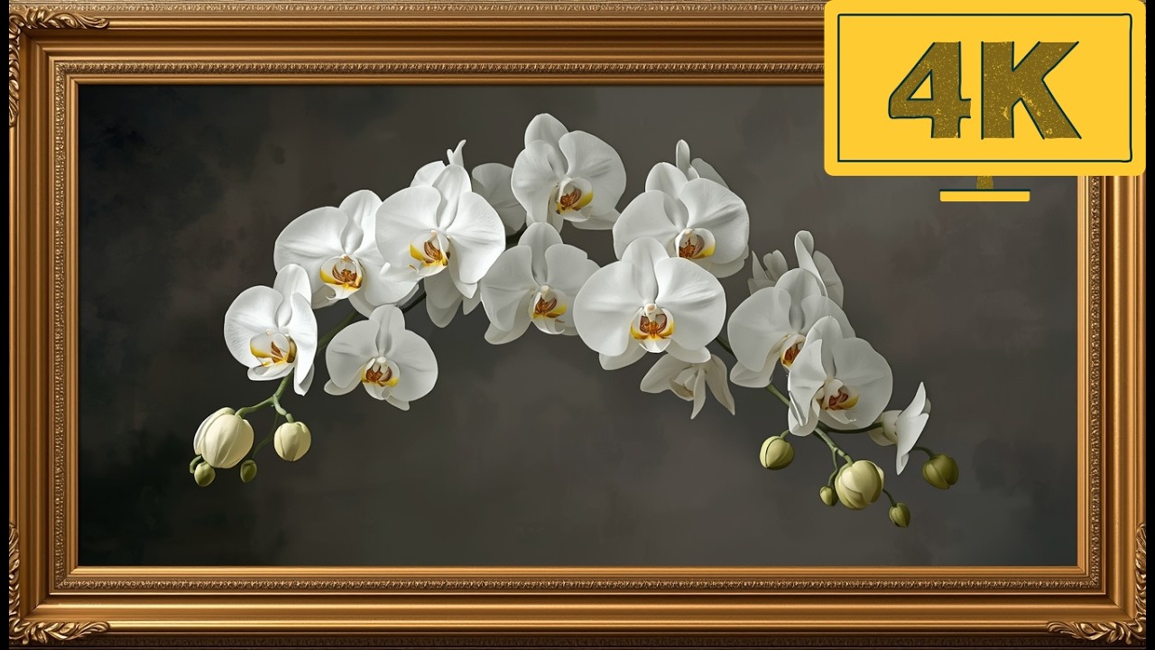 4K TV WALLPAPER Elegant White Orchid Branch | Classic Luxury Floral Wall Art