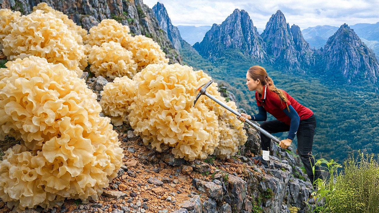 🍄 Harvesting Giant Forest Mushrooms, Brave Single Mother Harvesting Rare Mushroom from Cliff