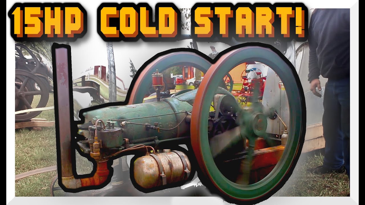 BIG ANTIQUE Gas Engine COLD START!  Fairbanks Morse 15hp Screen cooled.