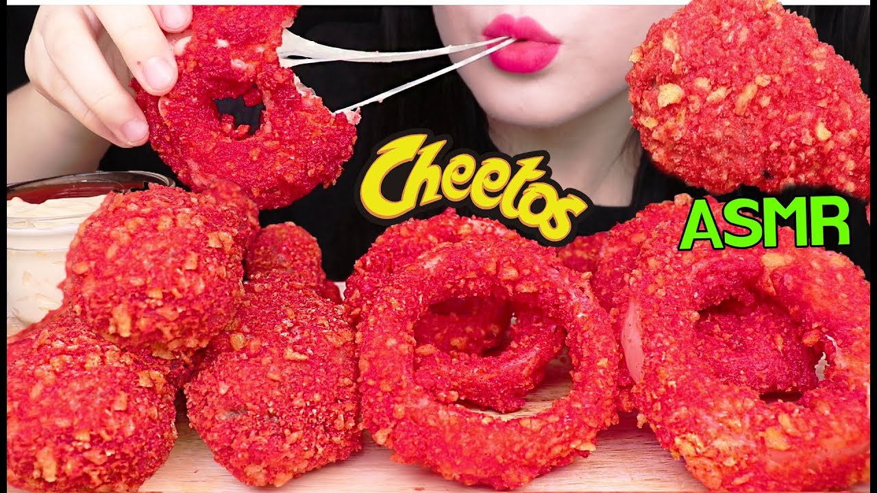 ASMR *CHEESY HOT CHEETOS CHICKEN, ONION RING 매운 치토스 치킨, 치즈 어니언링 먹방 EATING SOUNDS