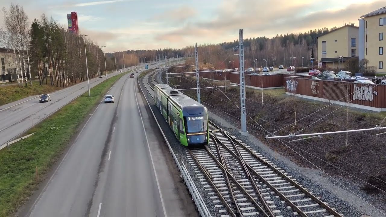 Tampere Tram Line/ Light rail near Turtola in Tampere Finland