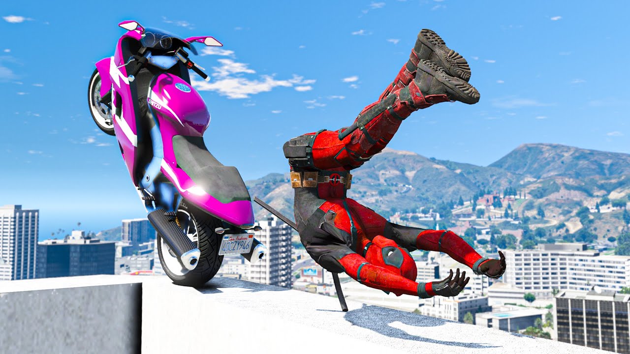 DEADPOOL CRAZY JUMPS/FALLS #1 (GTA 5 Spider-Man Epic Bike Stunt Fails)