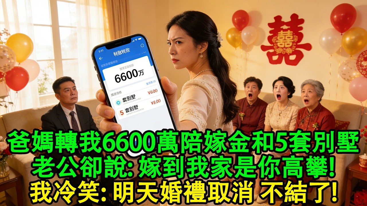 結婚前夜我收到爸媽轉帳，6600萬陪嫁金和5套別墅，正準備告訴老公，他卻說：婚後少跟你窮酸娘家人來往，嫁到我家是你高攀了！我冷笑：明天婚禮取消，不結了！#婆媳 #家庭 #婚姻 #情感故事 #為人處世