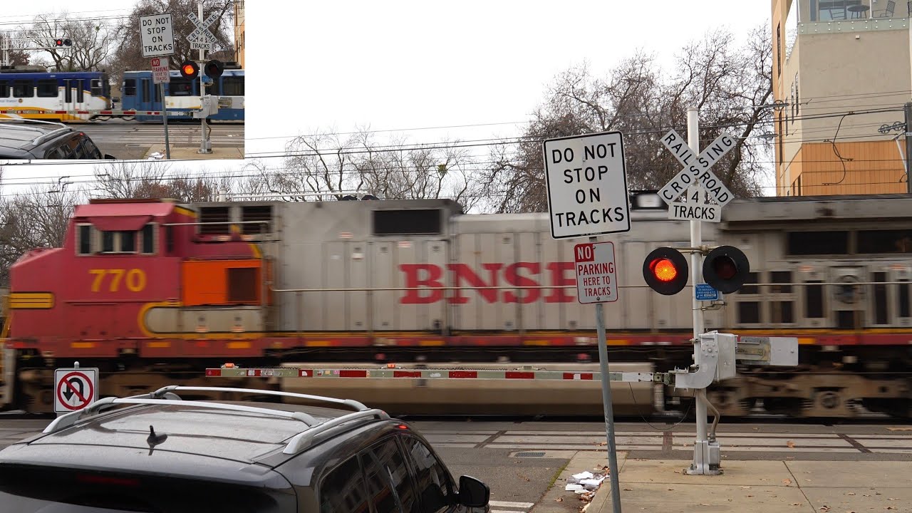 BNSF 4217 Grain Train With Fakebonnet North (East) & SacRT | S St. Railroad Crossing, Sacramento CA
