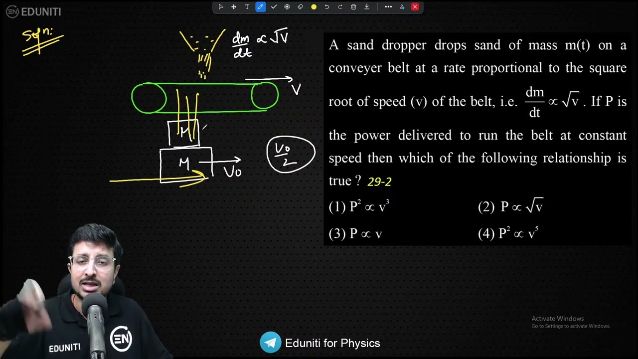 A sand dropper drops sand of mass m(t) on a conveyer belt at a rate proportional to the square root