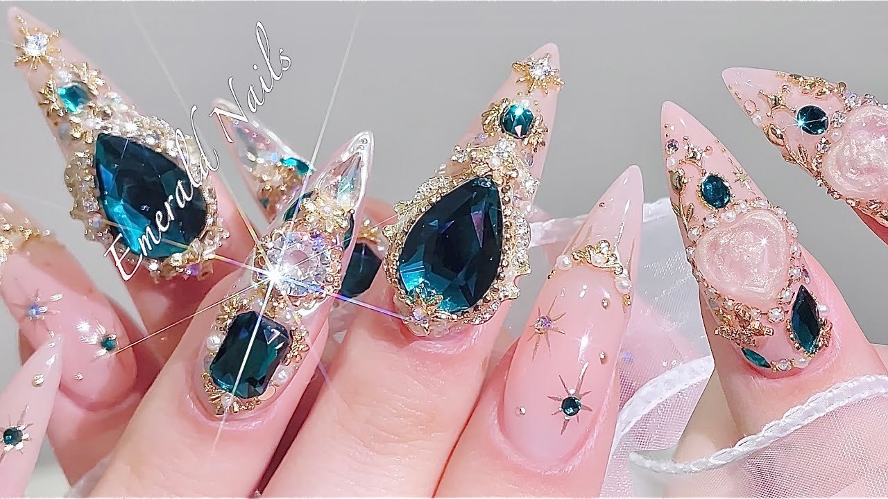 sub) Элегантные изумрудные антикварные ногти💎✨/🇰🇷Корейские ногти / Пудровые ногти / Нейл-арт / ASMR