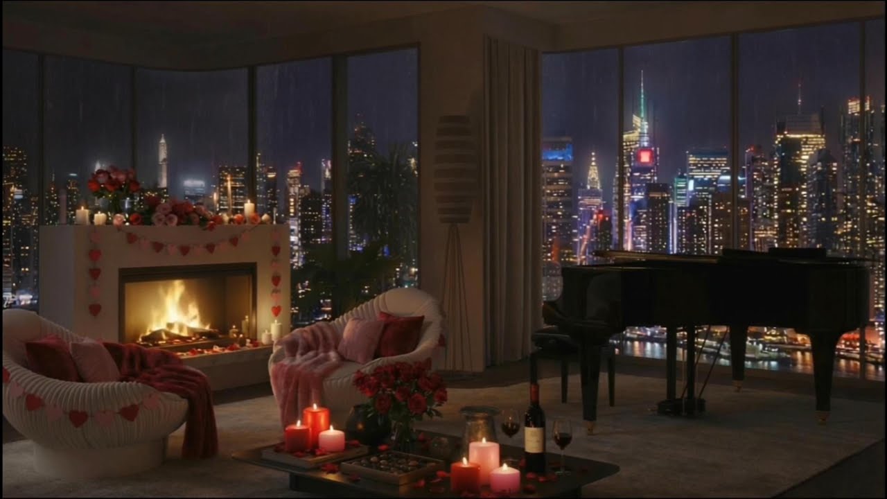 Valentine's Day Rainy Ambience & Fireplace Crackling | 90's Lofi Playlist to Relax, Study & Sleep